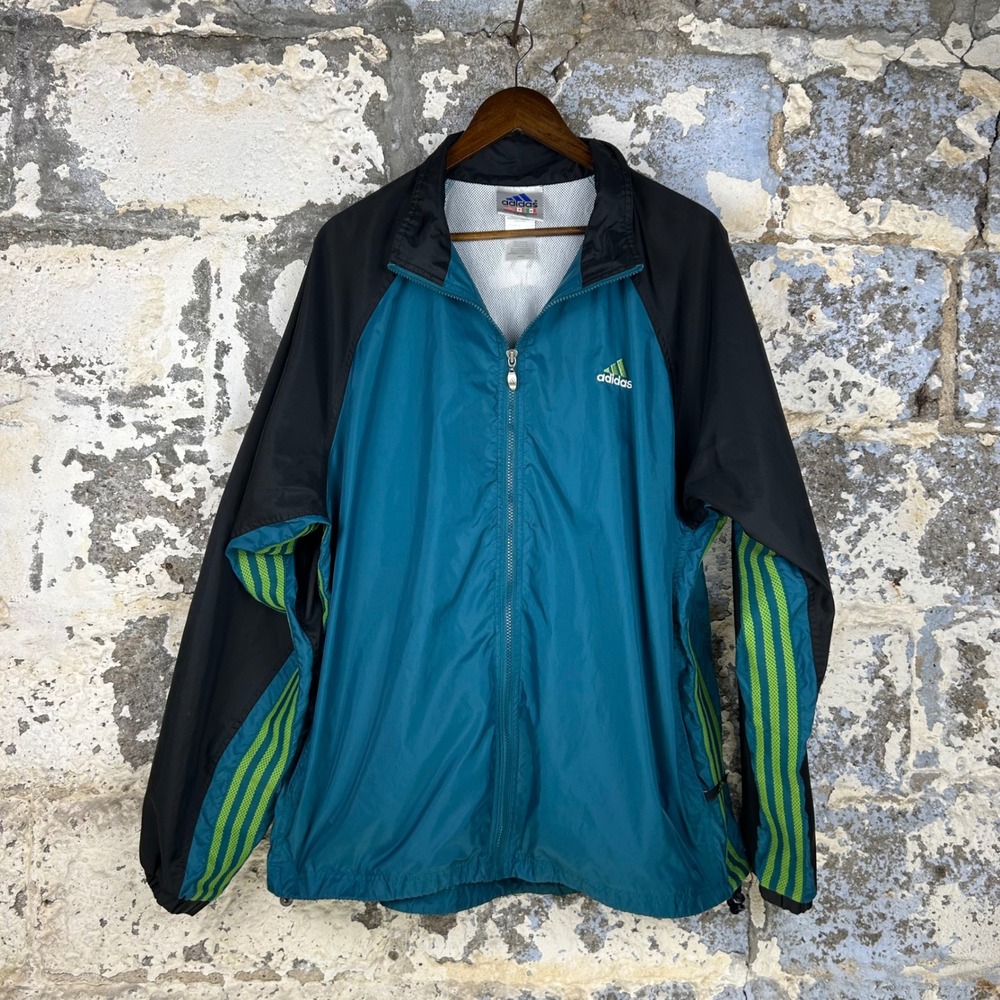 Vintage Adidas Windbreaker Teal Black Mesh Lined Striped Track Jacket Mens XL